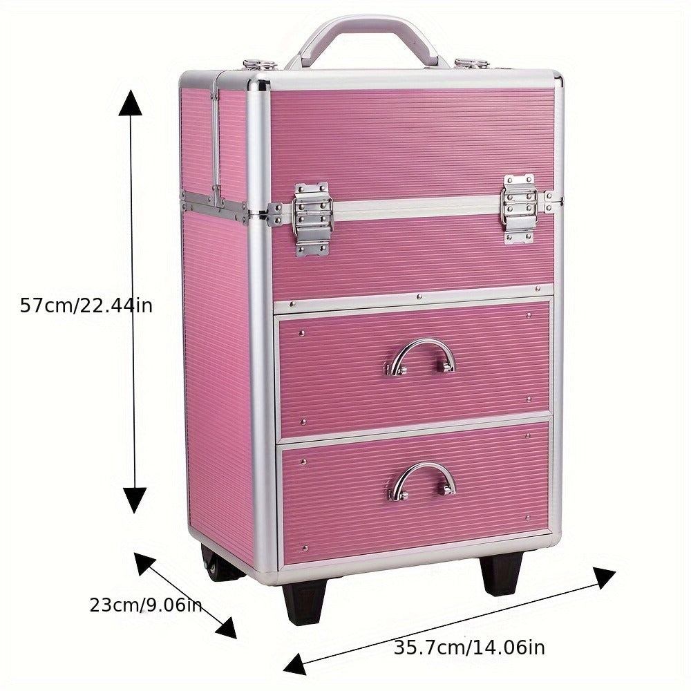 Lockable Aluminum Makeup Train Case with Extendable Trays Multi-Tier Professional Cosmetic Organizer — Portable Salon Travel Beauty Case with Lock Pink Rose Gold