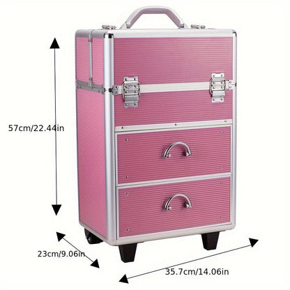 Lockable Aluminum Makeup Train Case with Extendable Trays Multi-Tier Professional Cosmetic Organizer — Portable Salon Travel Beauty Case with Lock Pink Rose Gold