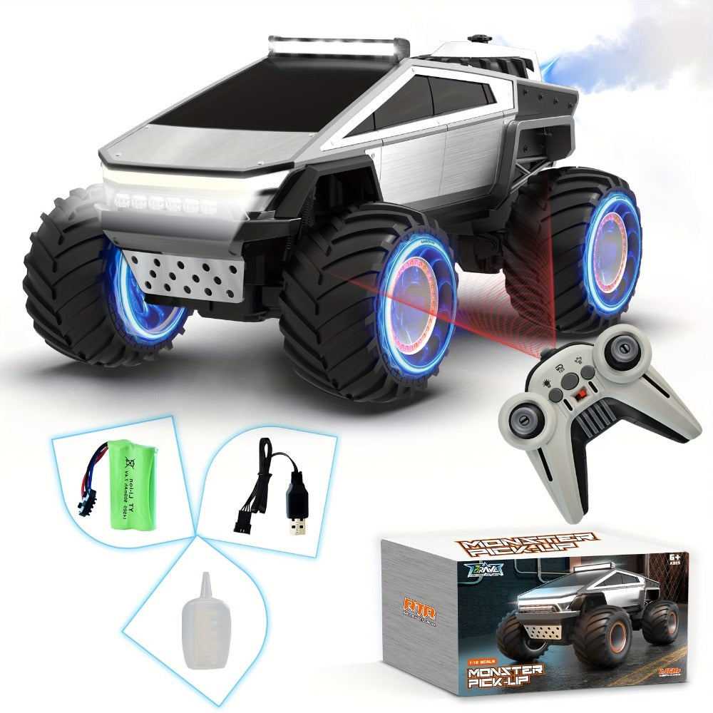 1:12 Scale RC Monster Truck 4WD All-Terrain – Remote Control Cybertruck & Pickup Truck with LED Lights & Sound Effects, 2.4GHz Rechargeable RC Car Gift for Boys Ages 6 7 8 9 10 Birthday Christmas