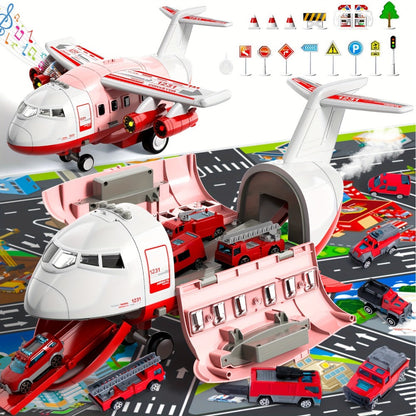 Jumbo Transport Airplane Toy for Kids with 10 Cars & Spray Mist, Cargo Plane Playset Toddler Boy Girl Birthday Gift Ages 3+