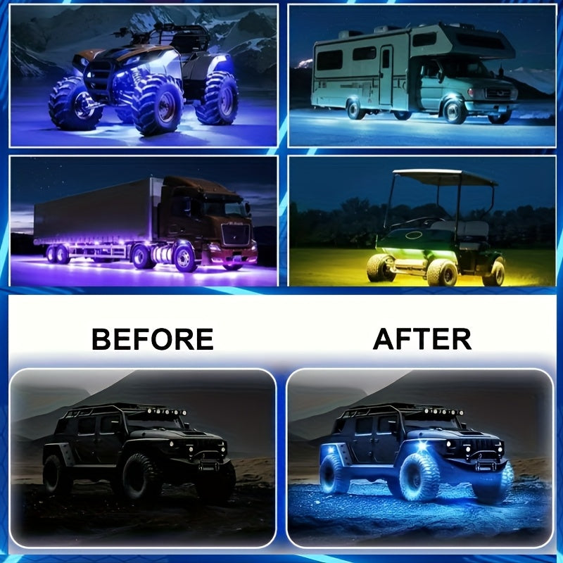 8pcs And 4pcs - 15 LED/8 Pods Metal Alloy Upgraded LED Rock Lights, Suitable for Trucks, RGB LED Rock Lights with APP/music Mode, Suitable for Jeeps, Trucks, UTVs, SUVs And Golf Carts, Neon Light Chassis Kits for Backlights, Car Accessories