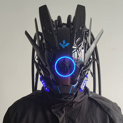 LED Cyberpunk Samurai Mask with Braids – Futuristic Sci-Fi Mechanical Face Mask for Halloween, Cosplay, Music Festival & Rave Party, Blue Green Pink, Free Helmet Included, Adult Gift