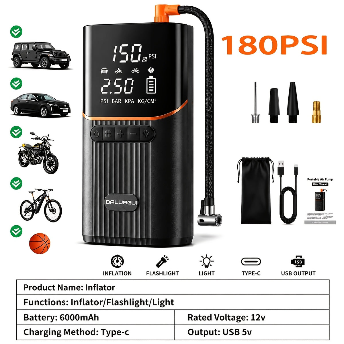DALUAGUI 10000A 17-In-1 Portable Jump Starter with Air Compressor, Car Jump Starter, Multi-Function Power Pack with Tire Inflator, LED Light & Power Bank, for 12V Vehicles (All Gas And Diesel Engines), Cars, Trucks, Suvs, Rvs, And Motorcycles
