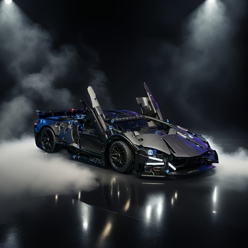 Black Supercar Building Blocks Set 1288 Pcs Limited Edition – Openable Hood Trunk Functional LED Headlights Realistic Engine Advanced Assembly Model Kit Adults Teens Birthday Christmas Gift