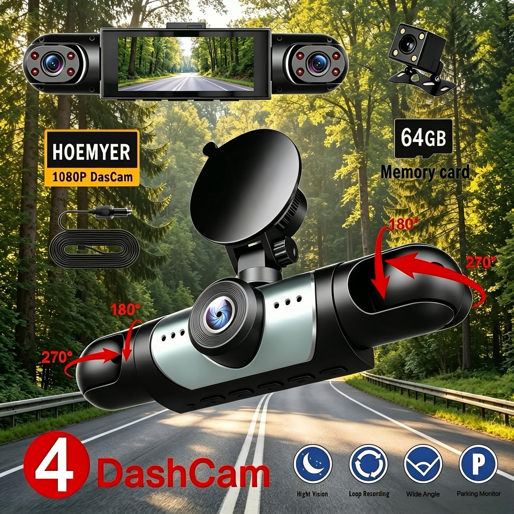 HOEMYER 360° Panoramic 4-Lens Channel 1080P HD Ultimate Safety Car DVR Set, 1080P Front And 720P Full Coverage Front, Rear, Left, And Right, Four-Screen Simultaneous Display, HD Night Vision, WDR, G-Sensor, Loop Recording - Car Accessories/Car Dashb