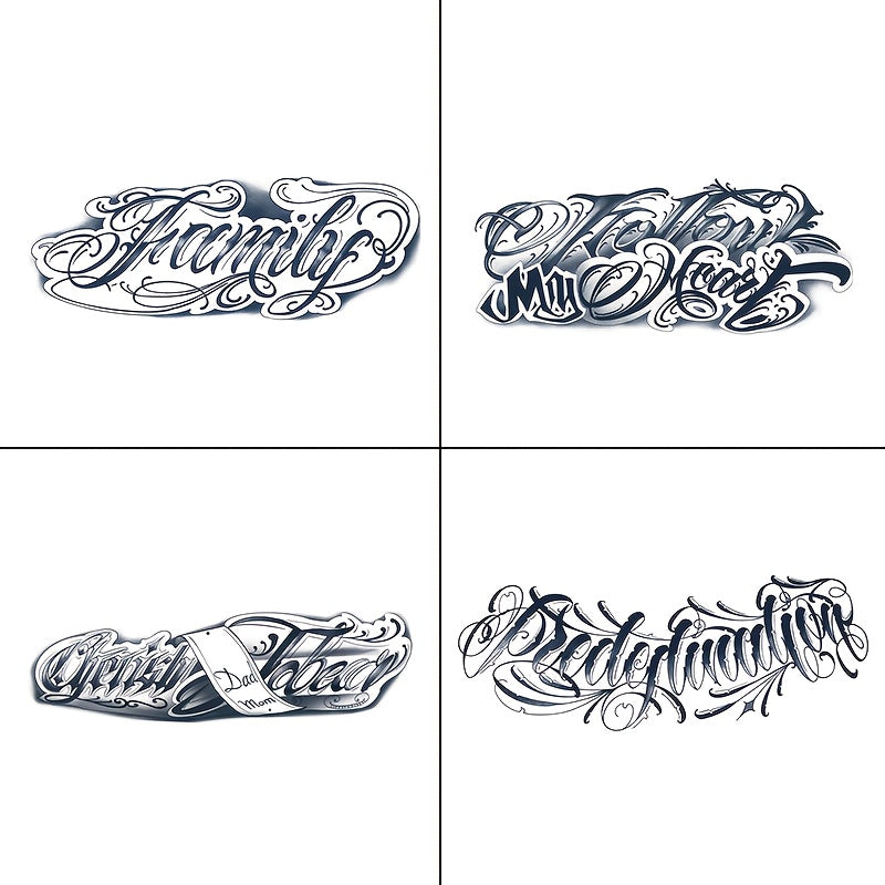 Herbal Semi Permanent Tattoo Stickers 4 Sheets English Letter Word Designs Lasts 7-15 Days Waterproof Sweat Resistant Realistic Fake Temporary Tattoos for Women Men Teens Body Art