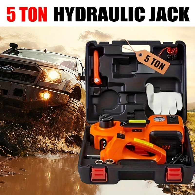 5 Ton Electric Hydraulic Car Jack Kit | 12V DC, 3-in-1 with Tire Inflator Pump, LED Flashlight, and Electric Impact Wrench, Alloy Steel, Ideal for Car, SUV, MPV, Truck Tire Change and Emergency Repair