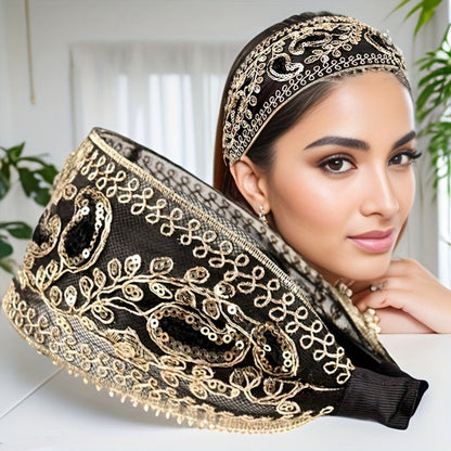 Wide Headbands for Women 2 Pack Lace Embroidered Sequin Flower Hair Hoops – Non-Slip Retro Chic Wide Hair Band for Daily Wear Spring Summer Styling Elegant Gift Set 2 Colors Black Red
