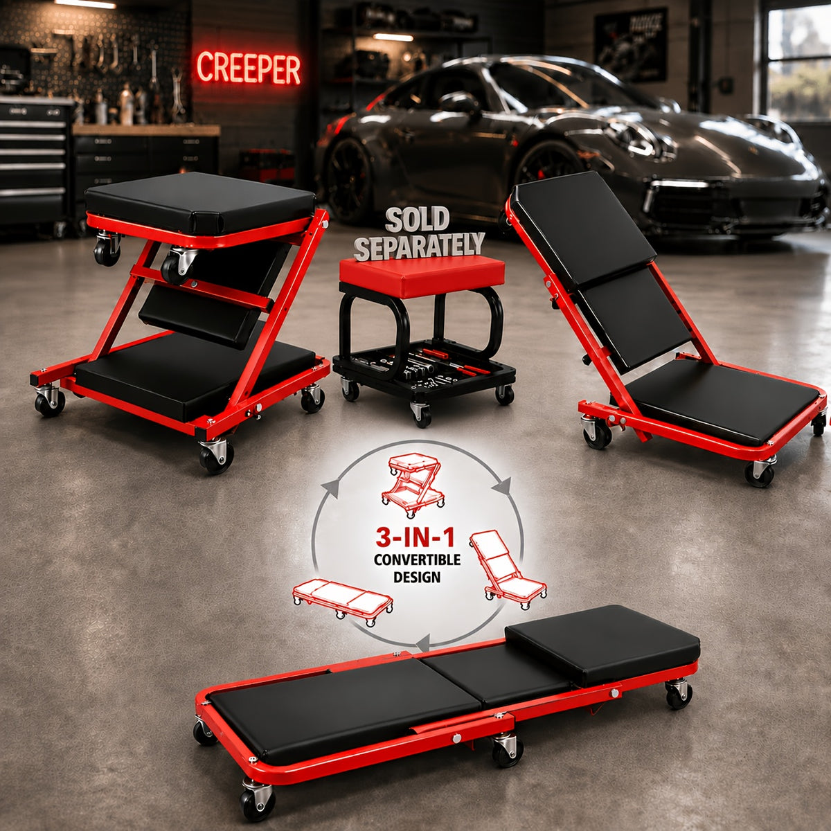 Shaped Wheeled Creeper Stool(Sold Separately), 80Lb Load Capacity, Foldable/Non-Foldable Crawler Mechanic Seat, 220Lb Load Capacity with 6 2.5-Inch Casters, Great Gift for Men