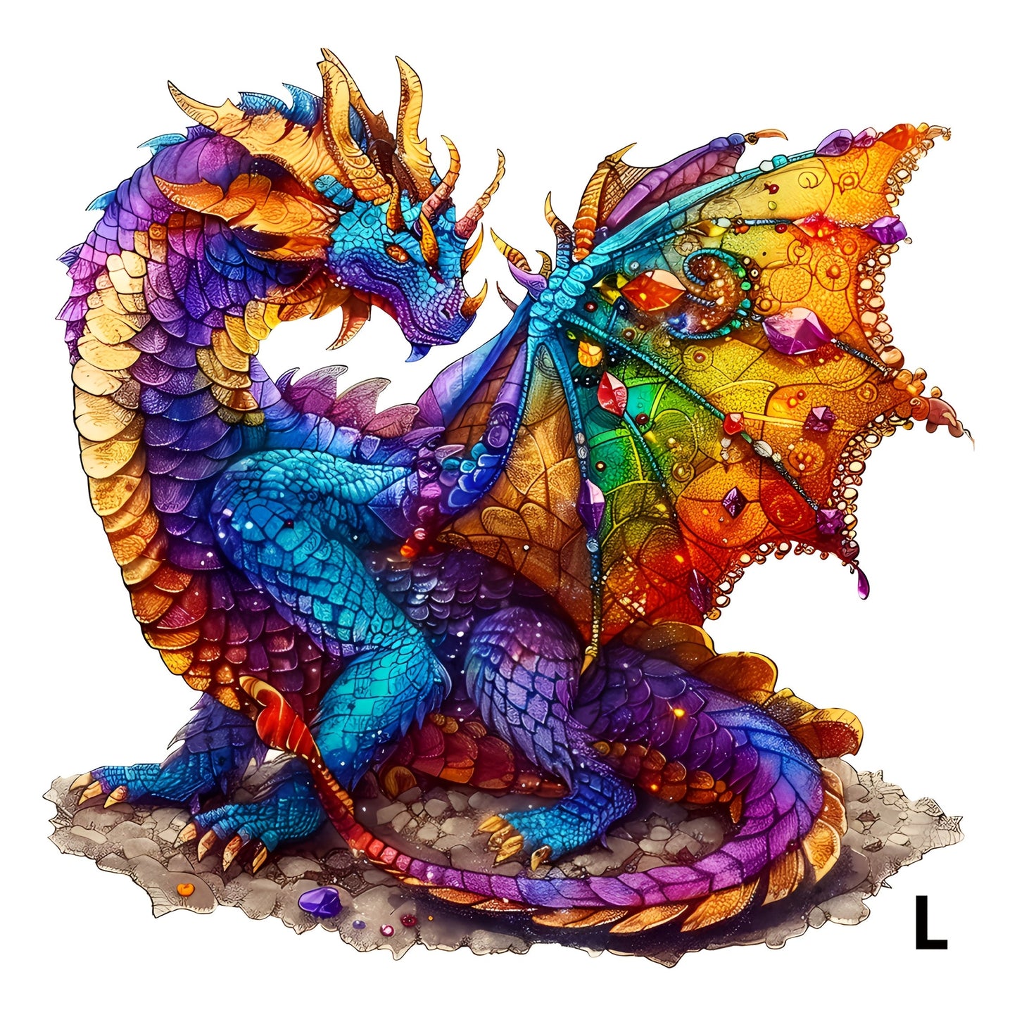 Dragon Wooden Jigsaw Puzzle Gemstone Fantasy – Colorful Irregular Animal Shaped Pieces, Unique Non-Repetitive Plywood Brain Teaser, 2 Sizes S & L, Wall Art Home Decor, Birthday Christmas Gift for Adults Teens