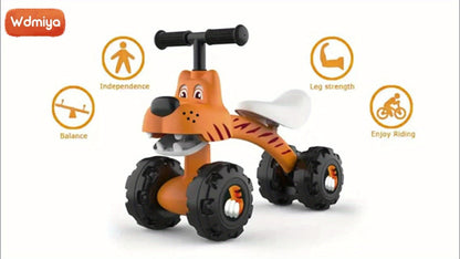Baby Balance Bike 4 Wheels with Adjustable Seat Toddler Walker Ride On Toy for Ages 10 Months to 3 Years Boys Girls First Birthday Christmas Gift Tiger Design Yellow