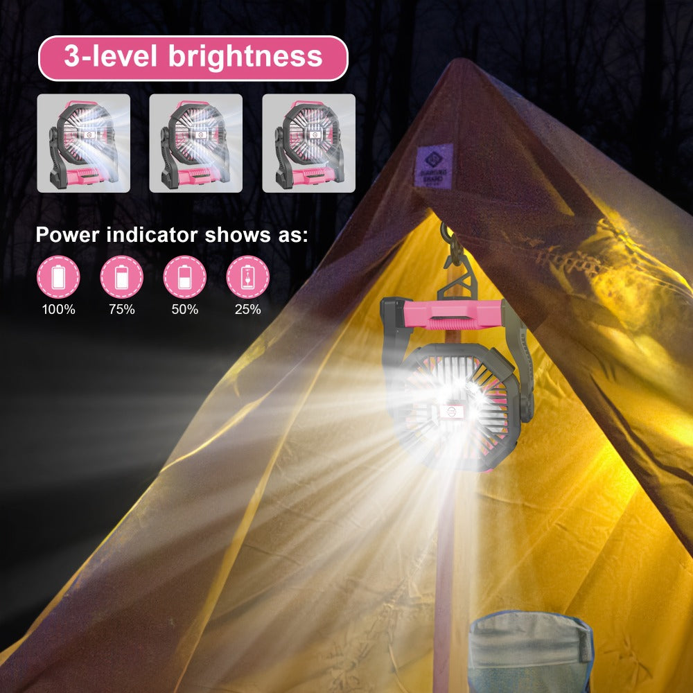 Camping Fan with LED Lantern, 3-in-1 Battery Powered Portable Fan Light for Tent Outdoor, Rechargeable Electric Fan with Timer 360° Rotation, for Camping Hiking Barbecue Travel Emergency