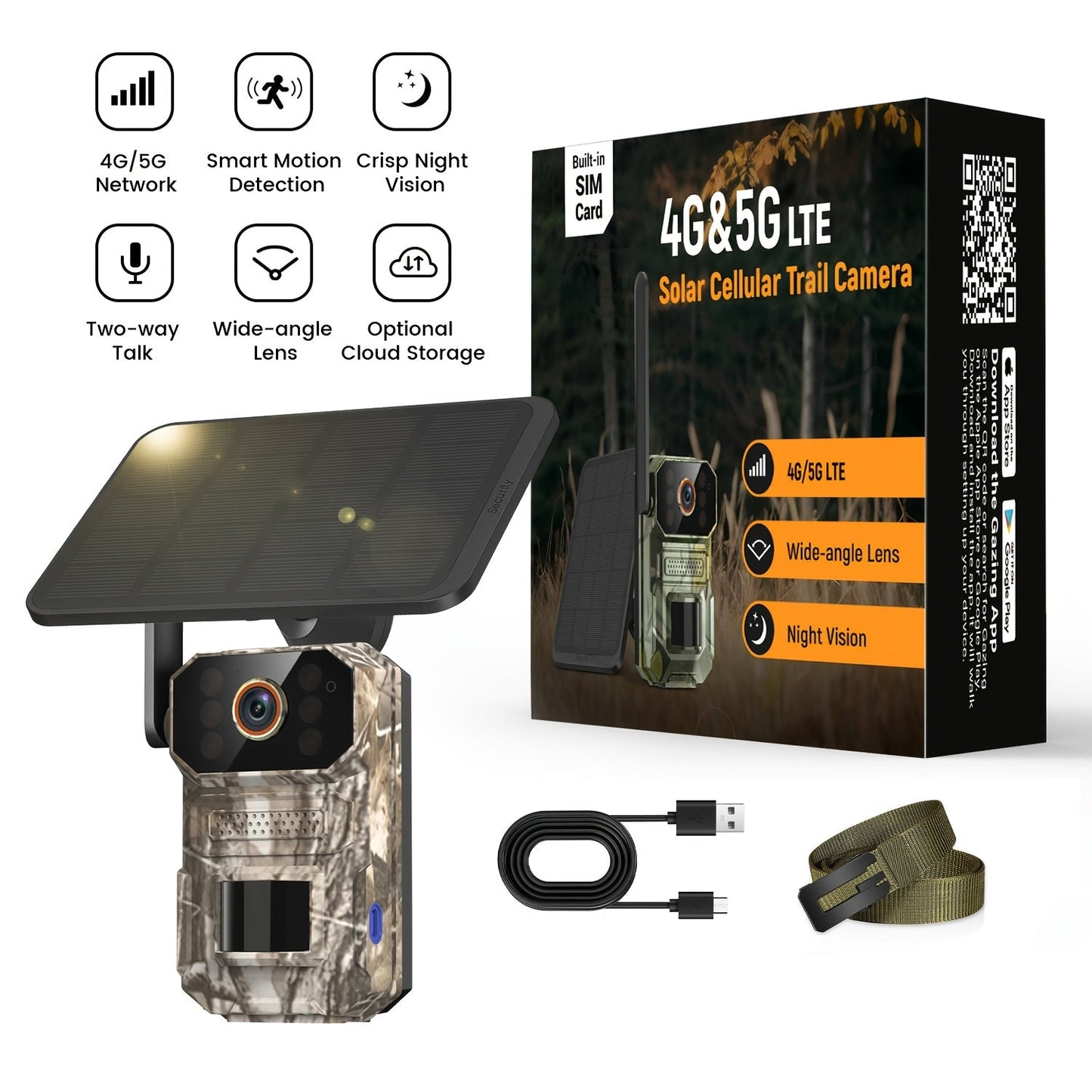 4G LTE Cellular Trail Camera with Solar Panel – 4K Wildlife Monitoring Camera, PIR Motion Sensor, Infrared Night Vision, Two-Way Voice, Remote Access, No WiFi Required, for Hunting & Security (Camo/Brown)