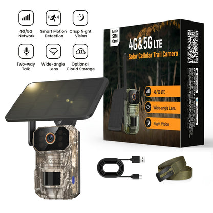 4G LTE Cellular Trail Camera with Solar Panel – 4K Wildlife Monitoring Camera, PIR Motion Sensor, Infrared Night Vision, Two-Way Voice, Remote Access, No WiFi Required, for Hunting & Security (Camo/Brown)