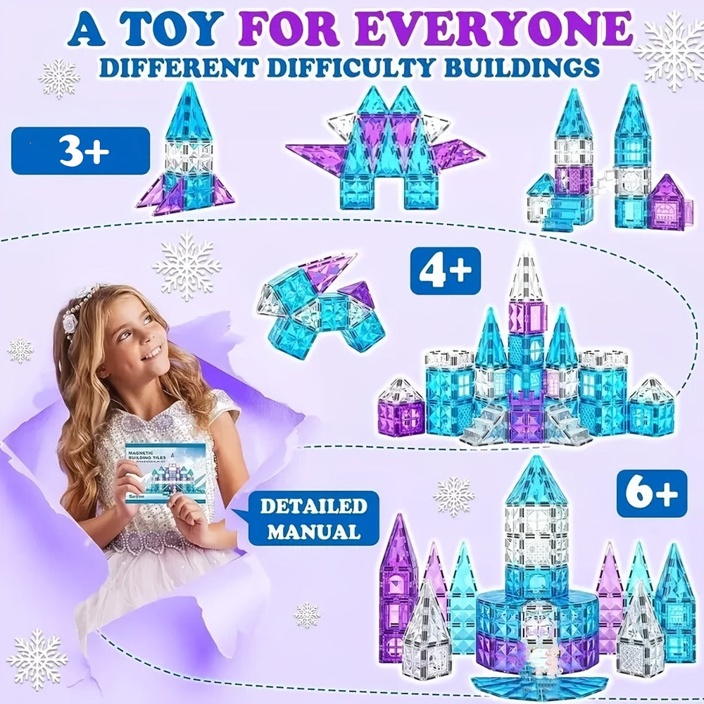 Castle Magnetic Tiles Building Set 102 or 116 Pcs – 3D STEM Sensory Blocks, Pretend Castle Playset for Preschool Boys & Girls Ages 3+, Early Learning & Creative Construction Toy Gift