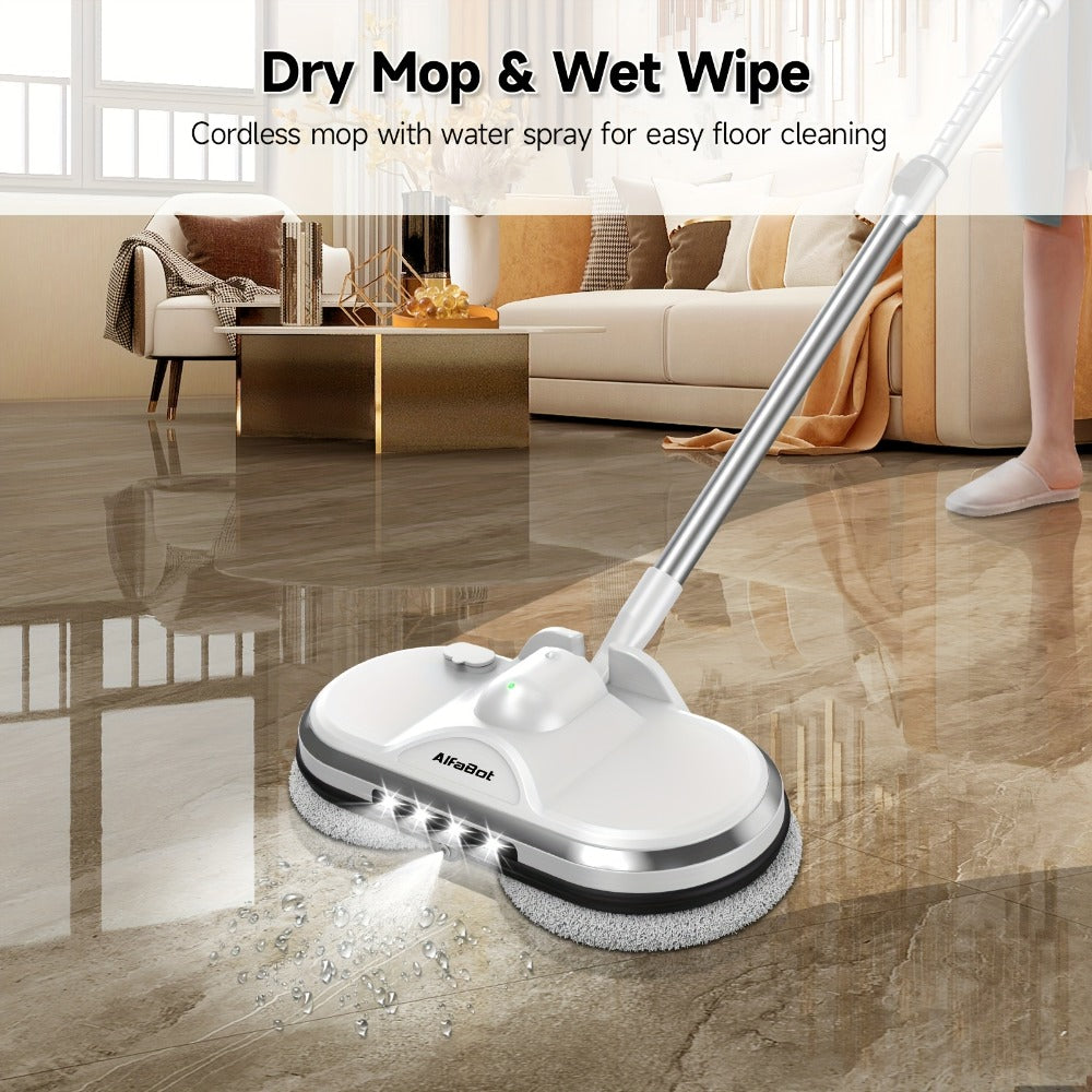 Cordless Electric Spin Mop Floor Cleaner with LED Headlight & Water Spray Tank – Powerful Wireless Spinning Mop for Hardwood & Tile Floors, Quiet Motor, Self-Cleaning & Waxing Function (White)