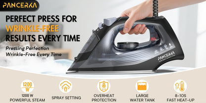 1200W Steam Iron for Clothes Adjustable Thermostat Non-Stick Soleplate Variable Steam Control Overheat Protection Powerful Long-Lasting Steam for All Fabrics Black