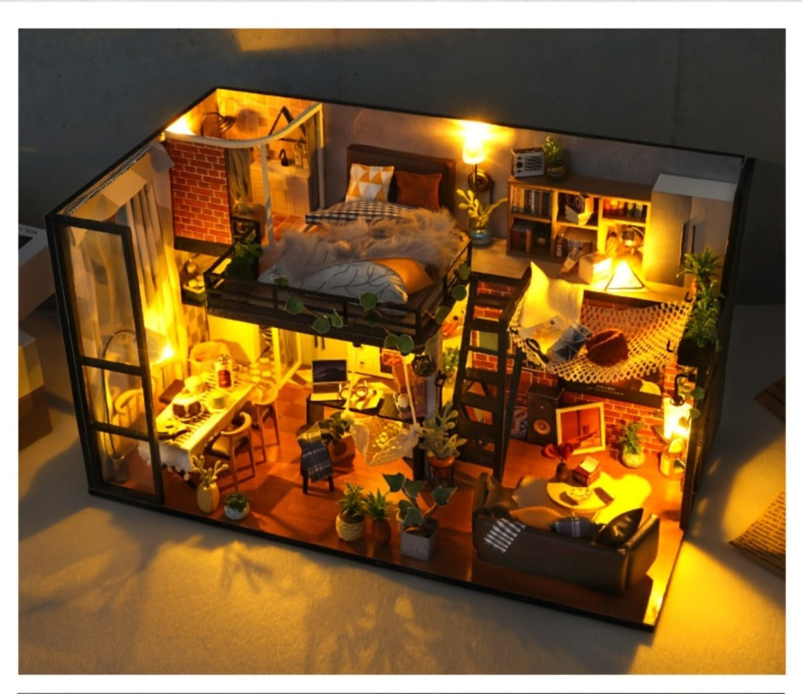 DIY Dollhouse Kit 2 Story with Dust Cover – Handmade Miniature House Model with Furniture Parts, No Glue No Batteries, Creative Build & Display Toy, Christmas Birthday Gift for Girls Teens & Adults