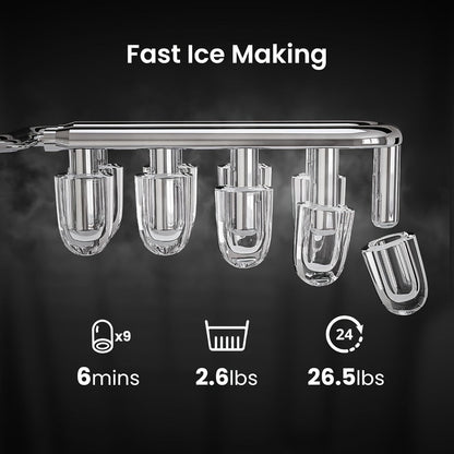 Countertop Bullet Ice Maker 26lbs/24H, 9 Bullet Ice Cubes in 6 Mins, 2 Sizes, Self-Cleaning Portable Ice Machine with Handle Ice Basket & Scoop, for Home Kitchen RV Camping