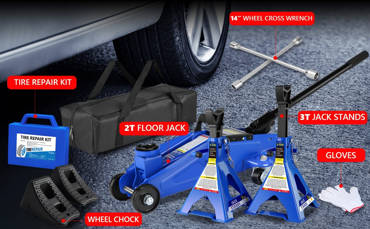 3.5T 2.5T 2T Optional Steel Floor Jack Quick Rise Piston Pump Low Profile, Hydraulic Trolley Car Jack with 2 Ratchet 3 Ton Jack Stands, Truck Jack Combo, Service Jack, Farm Jack Tire Repair