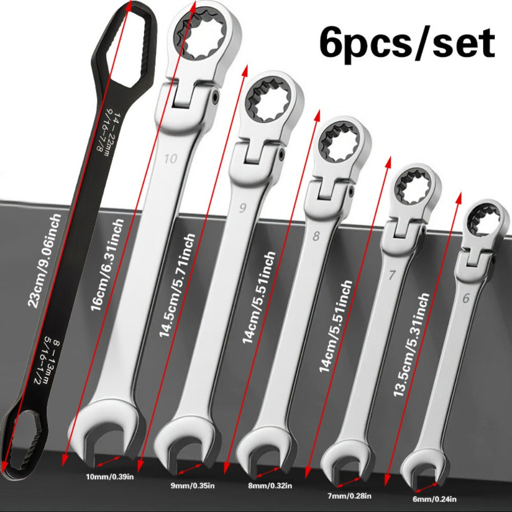 Flexible Head Ratchet Wrench Set 6-Piece – 72-Tooth 180° Dual-End CR-V Steel, Metric 6-10mm Double-Headed Wrenches for Auto, Motorcycle & Bike Repair, Compact Tool Kit