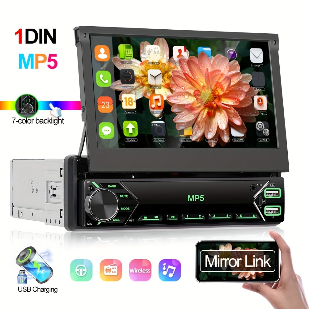 1 DIN 7-Inch HD Retractable Touch Screen Car Stereo Single Din Car MP5 Music Player with Mirror link AUX Colorful Backlight USB FM Radio Receiver