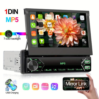 1 DIN 7-Inch HD Retractable Touch Screen Car Stereo Single Din Car MP5 Music Player with Mirror link AUX Colorful Backlight USB FM Radio Receiver