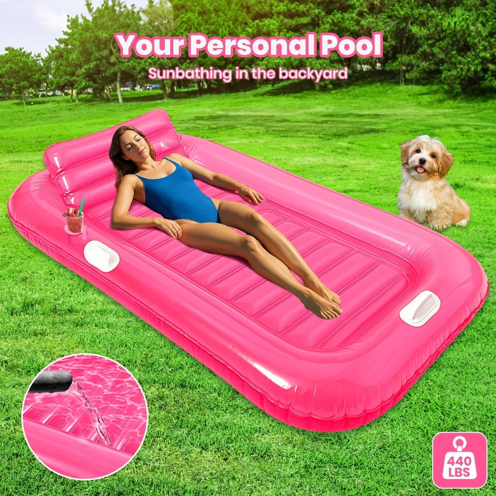 Inflatable Pool Lounger Sunbed for Adults 84"x47" – 2-in-1 Tanning Float with Cup Holders, Removable Headrest & Handles, 330lb Capacity, UV-Resistant PVC, Pool Beach Lake, Blue & Pink