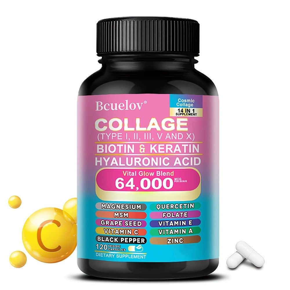 Collagen Capsules Types I II III V X with Biotin Keratin Hyaluronic Acid — Supports Skin Elasticity Hair Growth & Nail Strength | Anti-Aging Beauty Supplement | 120 Capsules