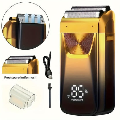 Bald Head Shaver & Beard Trimmer 2-in-1 Electric USB Rechargeable – Aluminum Foil Razor Professional Hair Clipper Grooming Tool for Men, Cordless Portable Silvery & Gold
