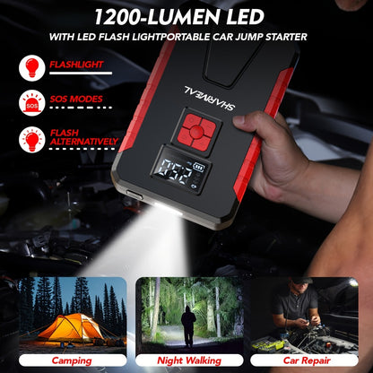 Portable Jump Starter with Air Compressor – 15000A-19000A Peak 350PSI 12V 17-in-1 Car Battery Jump Starter, Digital Display, LED Light & Smart Clamp for Cars Trucks SUVs