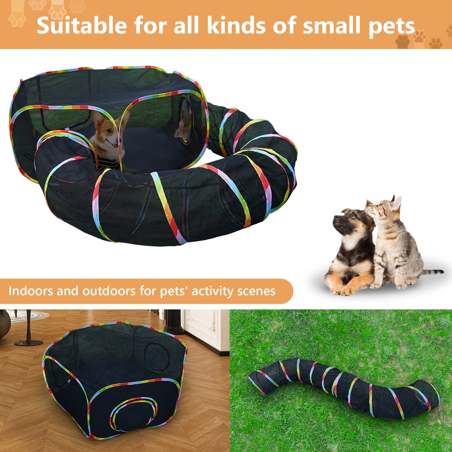 Outdoor Cat Enclosure with Tunnel - Rainbow Cat Playpen Tent with Circle Cat Tunnel for Cats Kittens & Small Animals, Portable Foldable Cat Outdoor Playground for Backyard Patio Garden