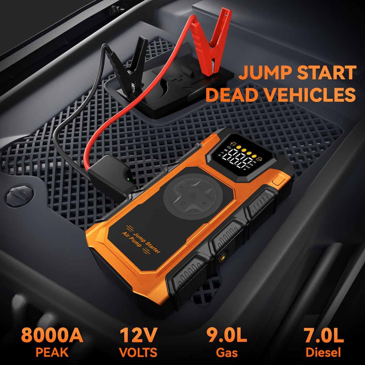 Heavy Duty Jump Starter with Air Compressor 9in 1 Jump Starter, 9000A Heavy Duty Jump Starter (for 2.64gal GasOr 2.38gal Diese)Battery Charger with Intelligent Safety Jumper Cable, Start Power Supply with Air Compressor, 9000AOr8000A Is Optional