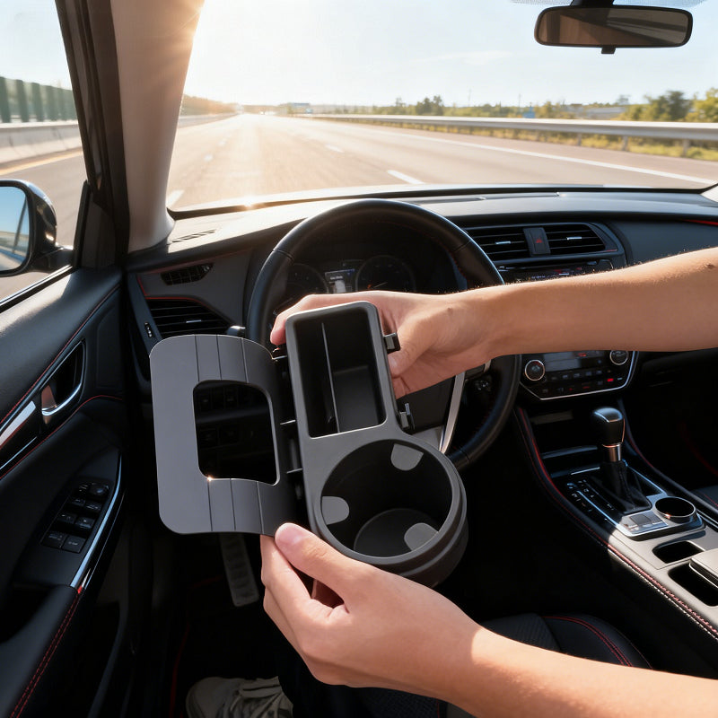 A Multifunctional Car Storage Box Featuring Cup Holders, a Beverage Rack, a Side Door Window Phone Slot, And a Hanging Storage Shelf - Made of Durable ABS Material, Easy to Install, And Designed to Save Space