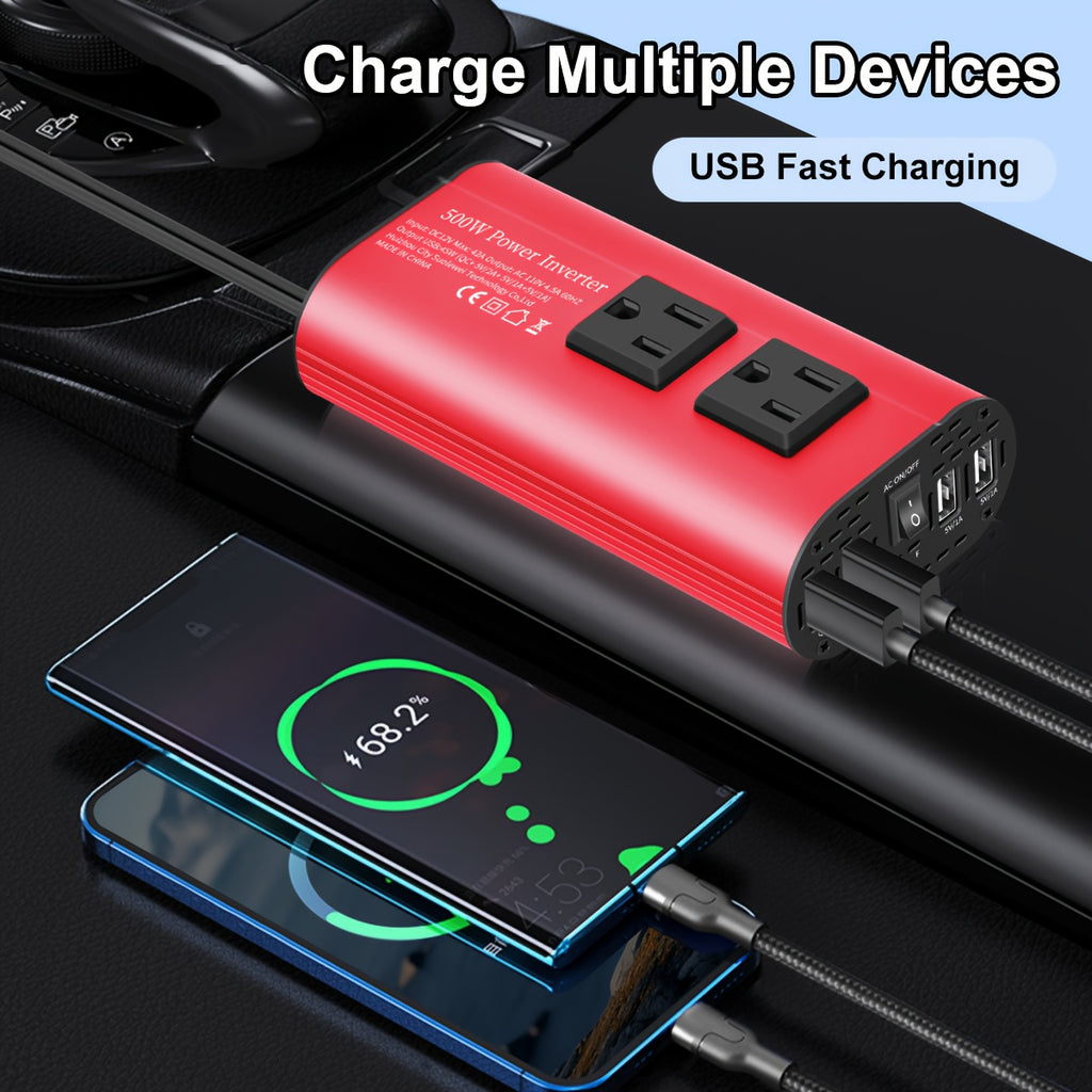 Halloween & Christmas Outdoor Portable Car Power Inverter Charger Converter 500W (Peak) Power Inverter Converts DC 12V to AC 110V with 4 USB Ports for Car Adapter Fast Charging for Cell Phones And Other Devices