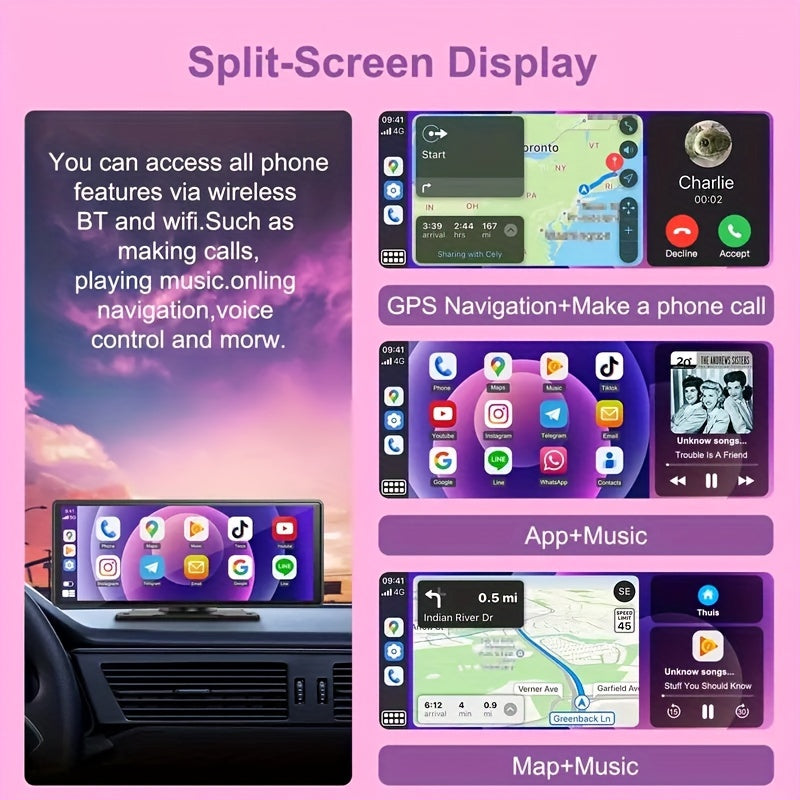 10.2-Inch Large Car Screen, Ultra-Clear. Supports BT Wireless to Phone for Carplay/Android Auto. Has Reversing Assistance, Music/Vid Entertainment, Navigation, Call Answering. Ideal for All Cars Like Sedans, Off-Roaders, Suvs, Rvs, Without Battery