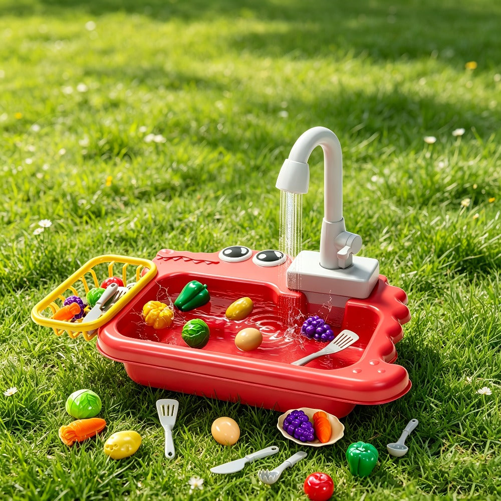 Kids Play Sink Toy with Running Water – Automatic Water Cycle System Pretend Play Dishwasher Kitchen Sink for Toddlers Boys & Girls, Role Play Kitchen Accessory Birthday Gift