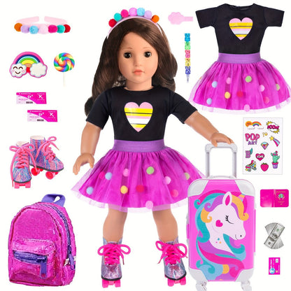 18 Inch Doll Travel Accessories Set 25 Pcs – Unicorn Suitcase, Roller Skates, Outfit, Backpack, Hairpins & Passport for 18 Inch Girl Dolls, Imaginative Play Gift for Girls Ages 3+ (Doll Not Included)