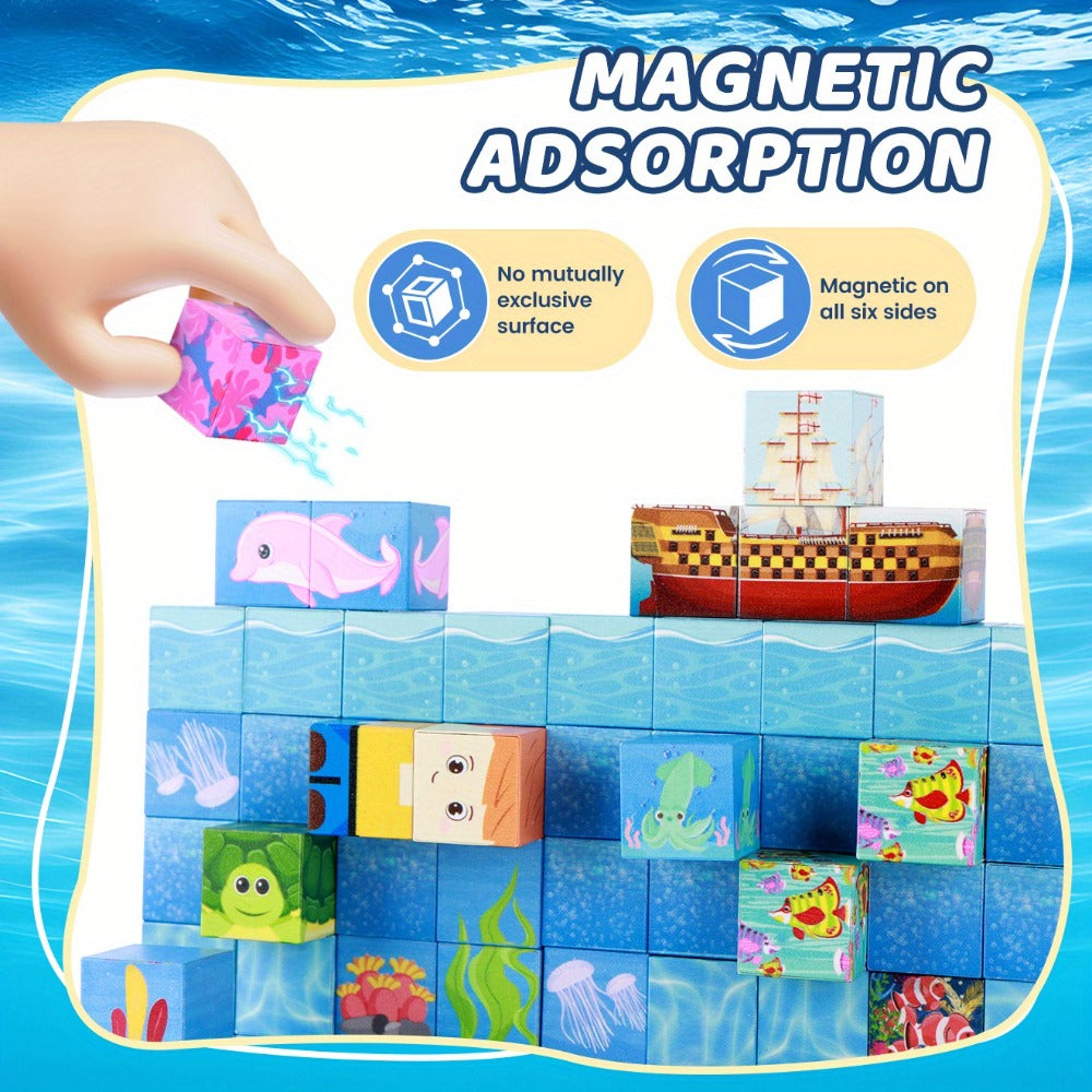 Ocean Adventure Magnetic Building Blocks 54/100pcs – STEM 3D Sea Theme Magnet Tiles Set Vibrant Colors Imagination Hand-Eye Coordination Toy for Kids Ages 3+, Best Birthday Christmas Gift