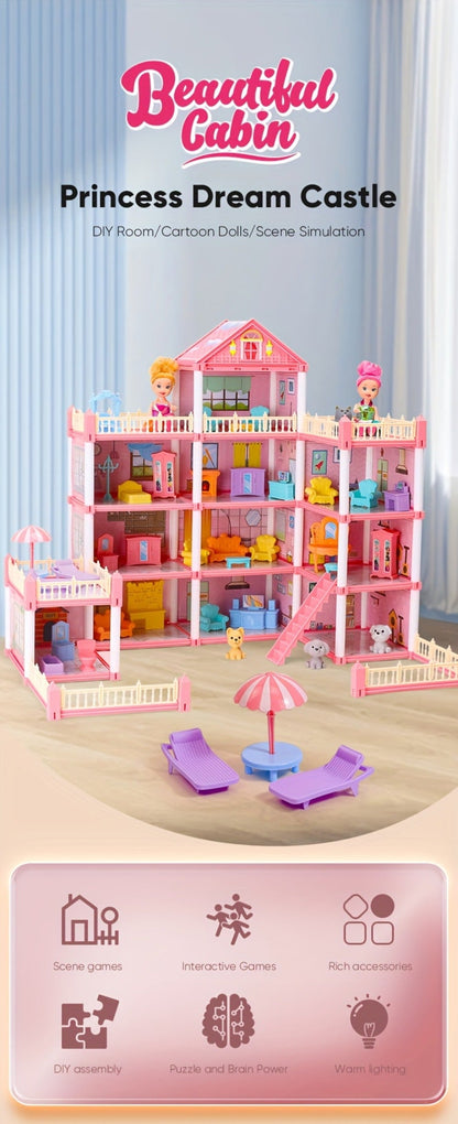 Princess Doll House Castle with Furniture & Accessories – Pink or Blue Mini Villa Playset 14 to 27 Rooms, Imaginative Play Logical Thinking Toy for Girls Ages 3+ Birthday Christmas Gift