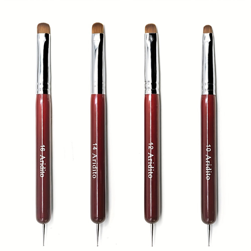Acrylic Nail Art Brushes Set 4pcs with Dotting Pens - Red Wood Handle Precision Tips #10 #12 #14 #16 for French Manicure Nail Sculpting Cuticle Care Home Salon Women