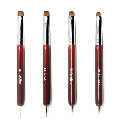 Acrylic Nail Art Brushes Set 4pcs with Dotting Pens - Red Wood Handle Precision Tips #10 #12 #14 #16 for French Manicure Nail Sculpting Cuticle Care Home Salon Women