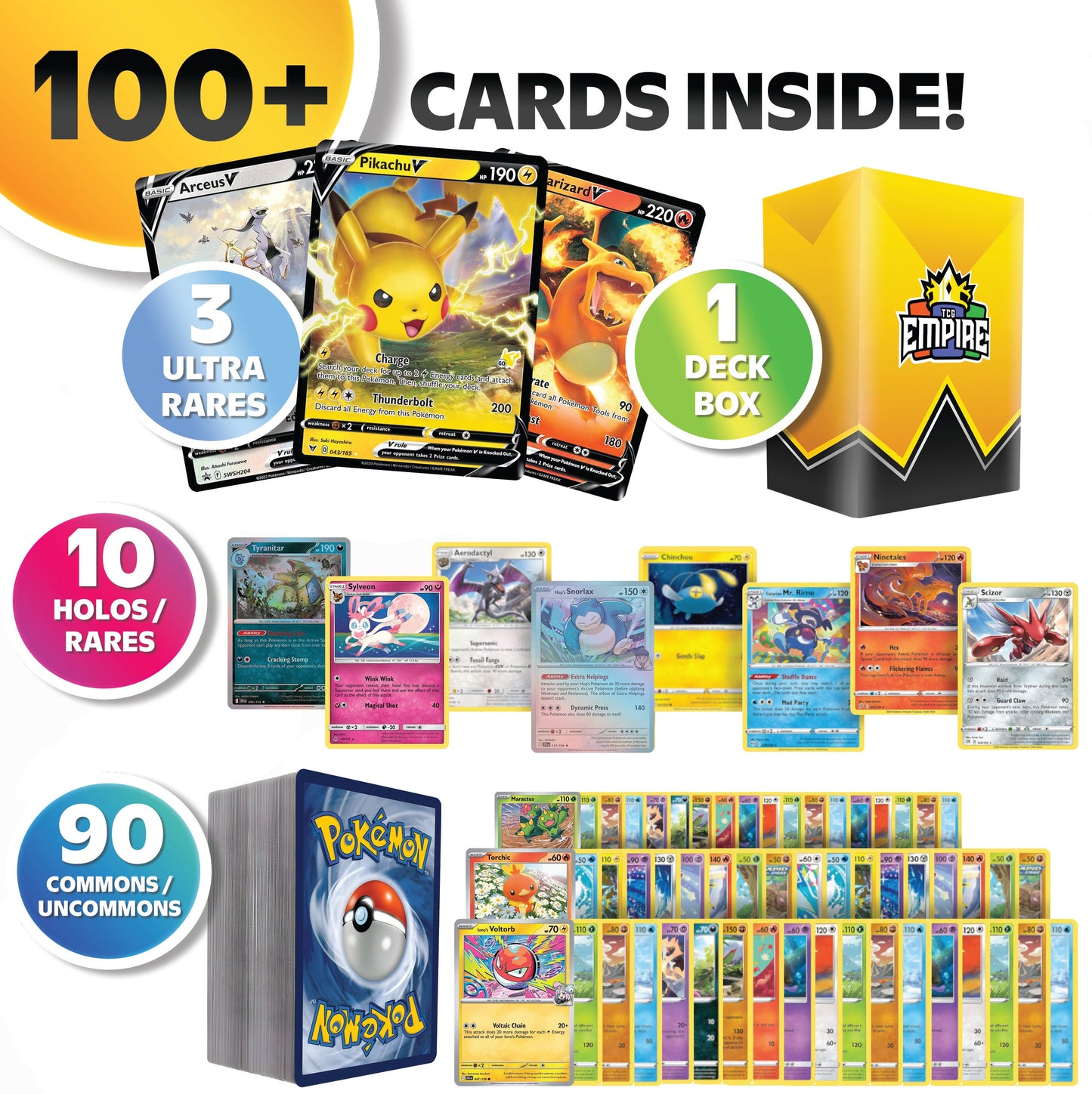 100+ Pokémon Cards Triple Power Bundle – 3 Guaranteed Ultra Rare (EX/GX/V/VMAX/VSTAR) + 10 Holos + TCG Empire Storage Box | Authentic Collection Gift for Kids & Collectors