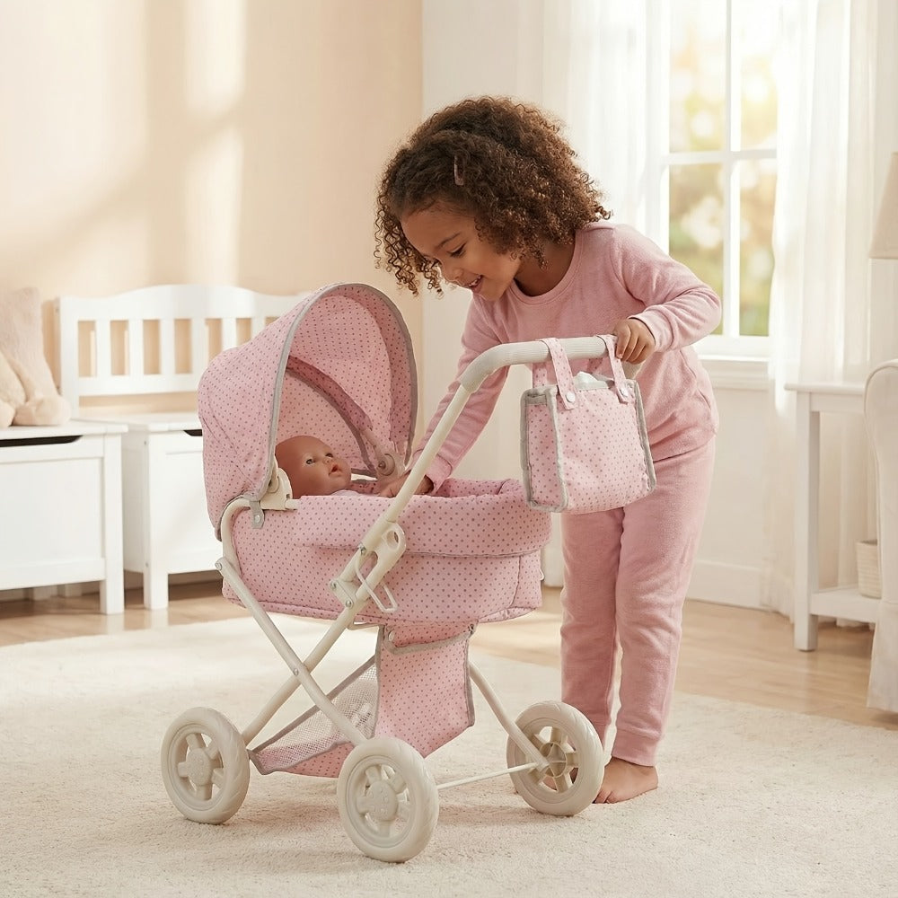3-in-1 Baby Doll Stroller Set Pink Foldable Pram with Bassinet & Carry Bag for 14-24 Inch Dolls Swivel Wheels Adjustable Handle Nursery Role Play Gift for Girls Ages 3-12 (No Doll)