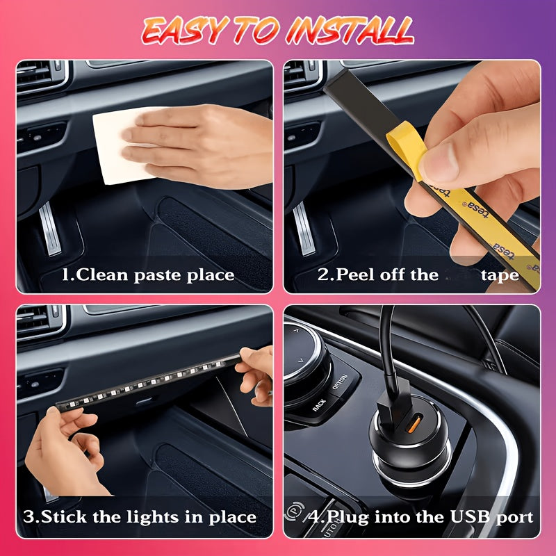 4pcs RGB LED Car Lights, 48 LEDs Interior Car Lights With Smart App Control, Multicolor Music Car Strip Light, Under Dash Lighting Kit For Car Truck SUV, Without Battery