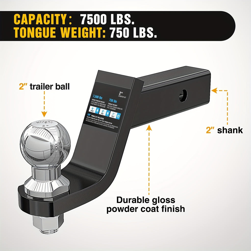 Trailer Hitch Mount with 2In Ball And 5/8In Hitch Pin, Solid Steel Trailer Hitch Ball Fits 2 Inch Receiver, 4-Inch Drop, 7500Lbs Capacity Ball Hitch, Black