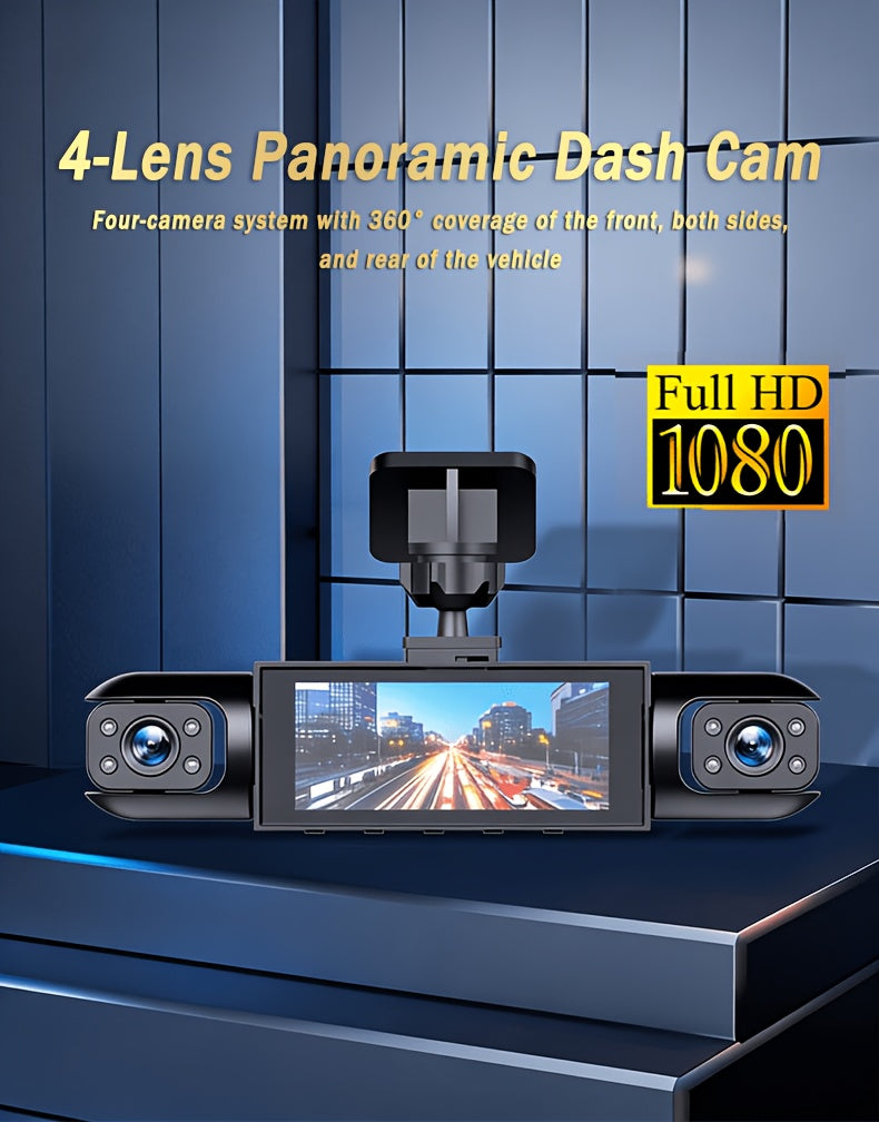 HOEMYER 360° Panoramic 3/4 Lens Channel 1080P HD Ultimate Dash Cam Kit, 1080P Front And 720P Front-Rear-Left-Right Full Coverage, Quad-View Display, HD Night Vision, WDR, G-Sensor