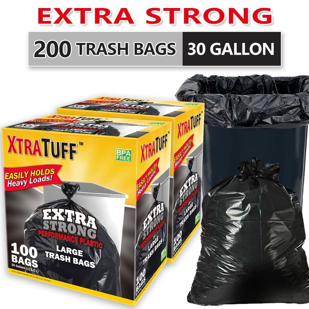 30 Gallon Trash Bags 200 Count – Black Large Garbage Bags, Ultra Strong Leak-Proof, 113.5L Heavy Duty Bags for Kitchen, Industrial, Garden & Commercial Use, 4 Rolls / 2 Boxes Value Pack