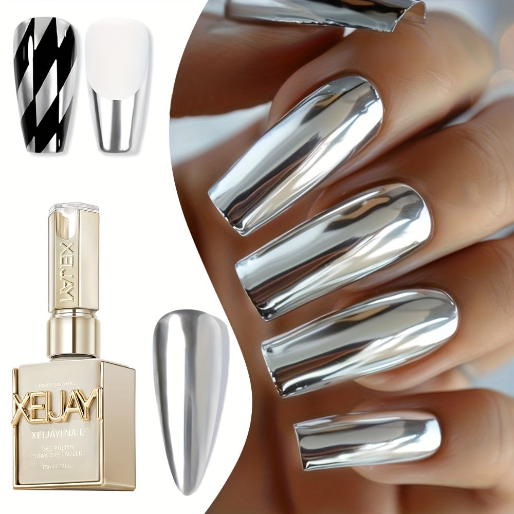 Mirror Metallic Nail Art Gel XEIJAYI Electroplating Bottle - High-Density Edge Painting Floral Color Platinum Shiny Silver Finish, Strong Durable Long-Lasting Salon & DIY Nail Art Polish for Women