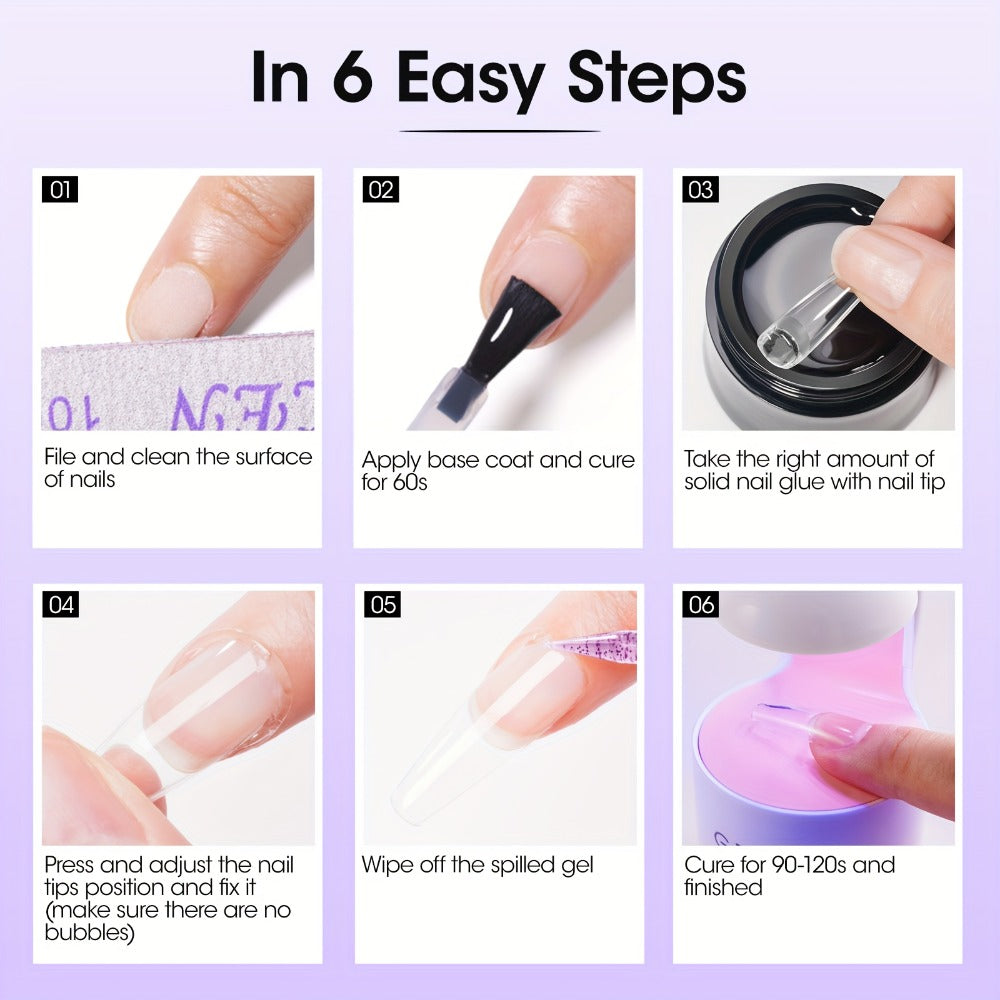 Solid Gel Nail Glue Kit with Mini LED Lamp — 8g UV Cure Gel Glue 28+ Days Long-Lasting Bond for Press On Nails Acrylic Tips Rhinestones, Non-Toxic Natural Resin, Salon & Home Manicure Gift Set